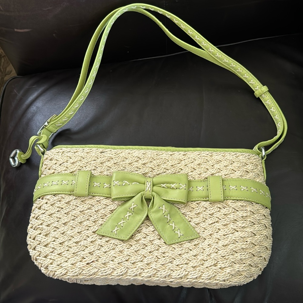 Brighton Straw Shoulder Handbag with green Bow Ellery